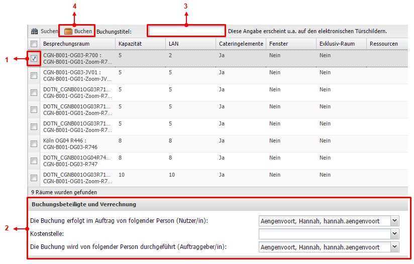 Screenshot der Ergebnisliste mit nummerierter Markierung der einzelnen Elemente